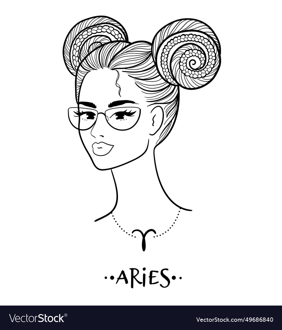 Aries Zodiac Sign Line Art Female Face Portrait Vector Image