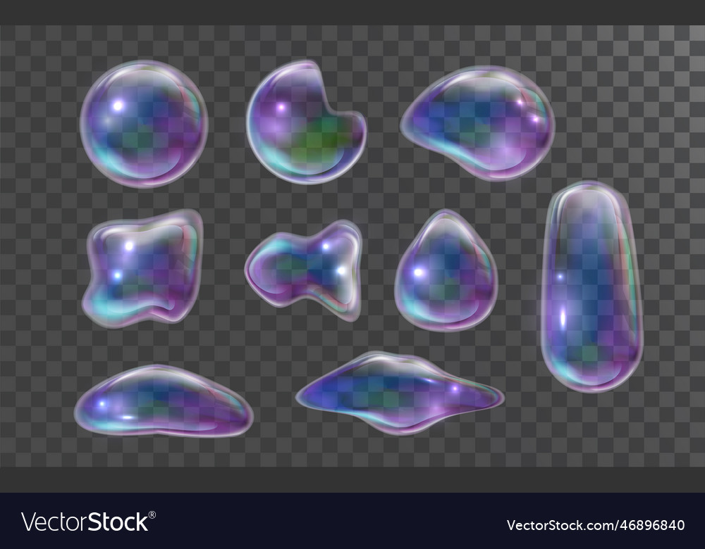 Iridescent soap bubbles of various shapes rainbow