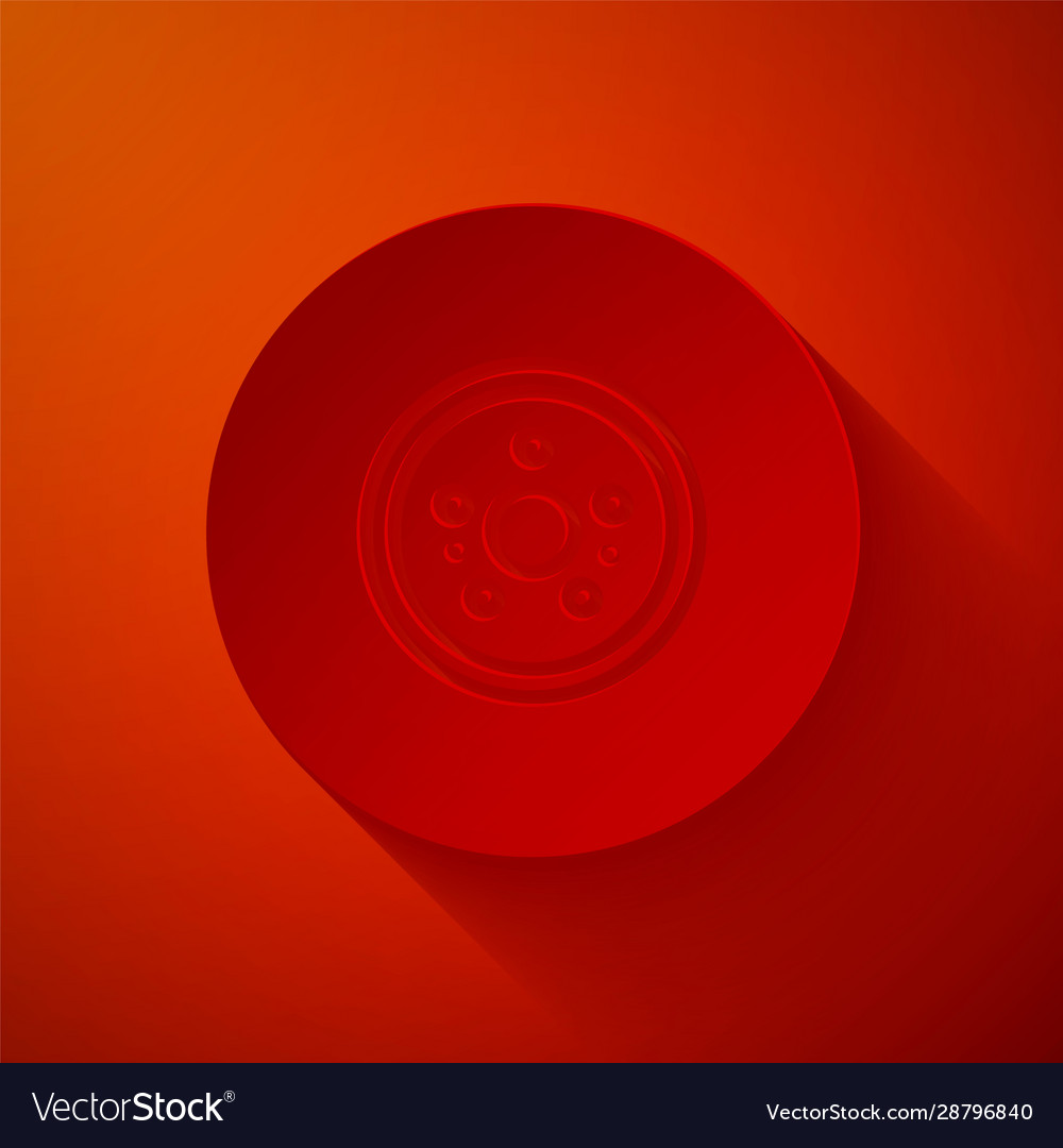 Paper cut car brake disk icon isolated on red