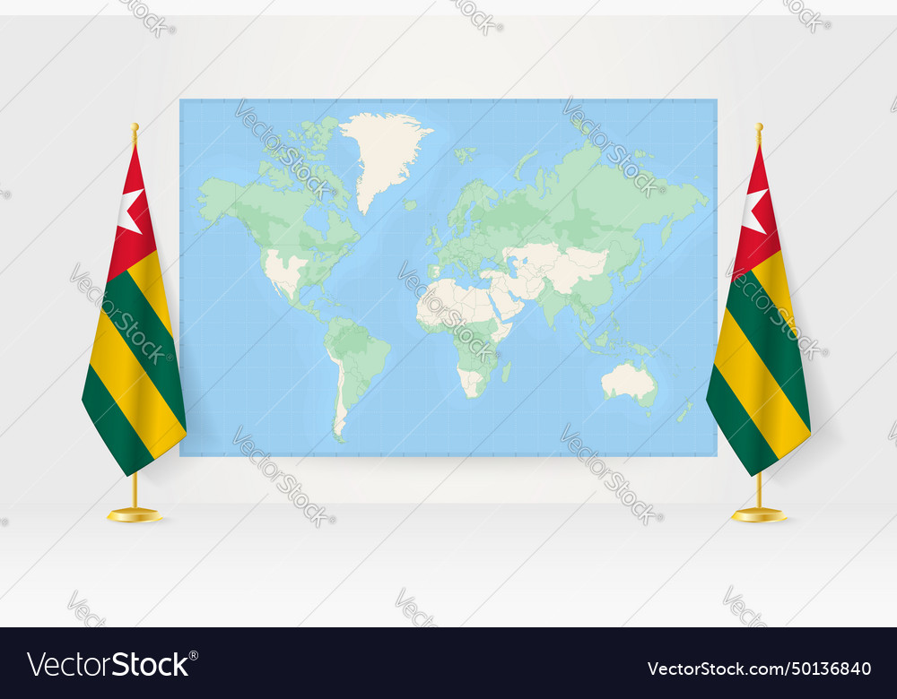 World map between two hanging flags of togo flag