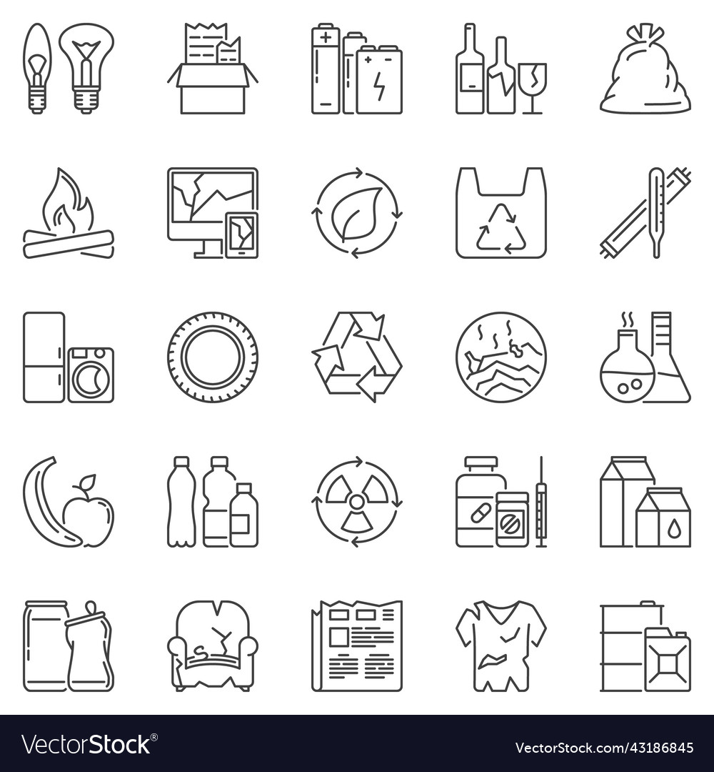 Garbage types outline icons set - waste sorting vector image Garbage types outline icons set - waste sorting