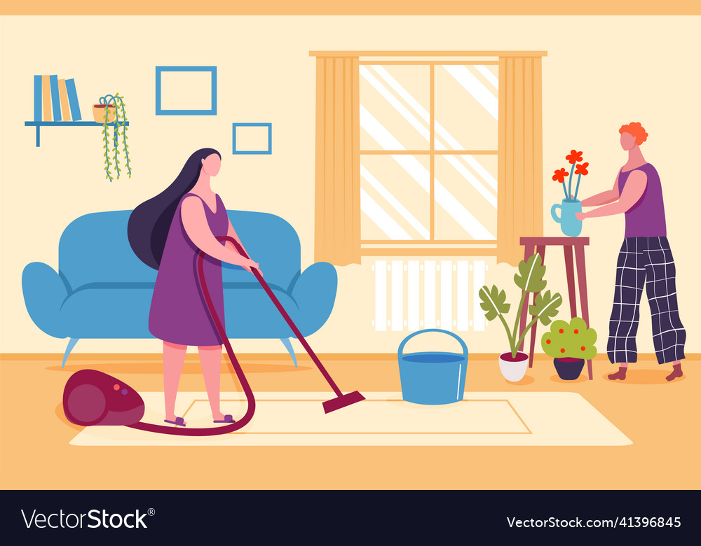 Home activities woman vacuuming carpet doing Vector Image