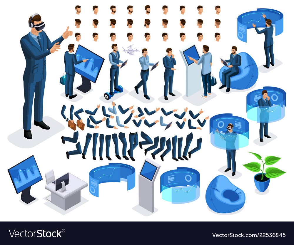 Isometric set business character with gadgets