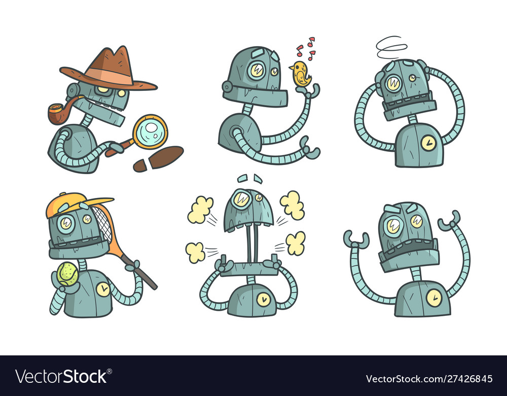 Vintage robot character set funny steampunk