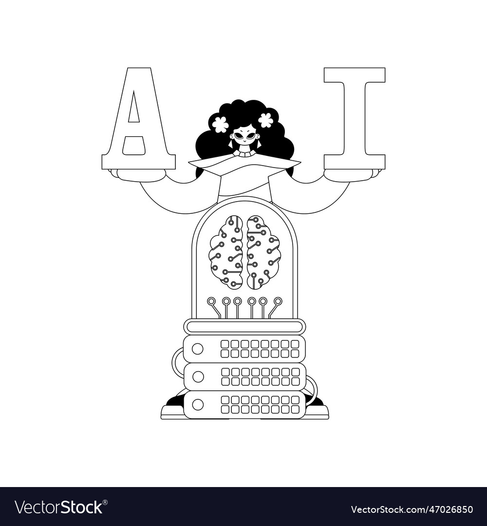 Girl and ai driven server with theme in linear vector image Girl and ai driven server with theme in linear