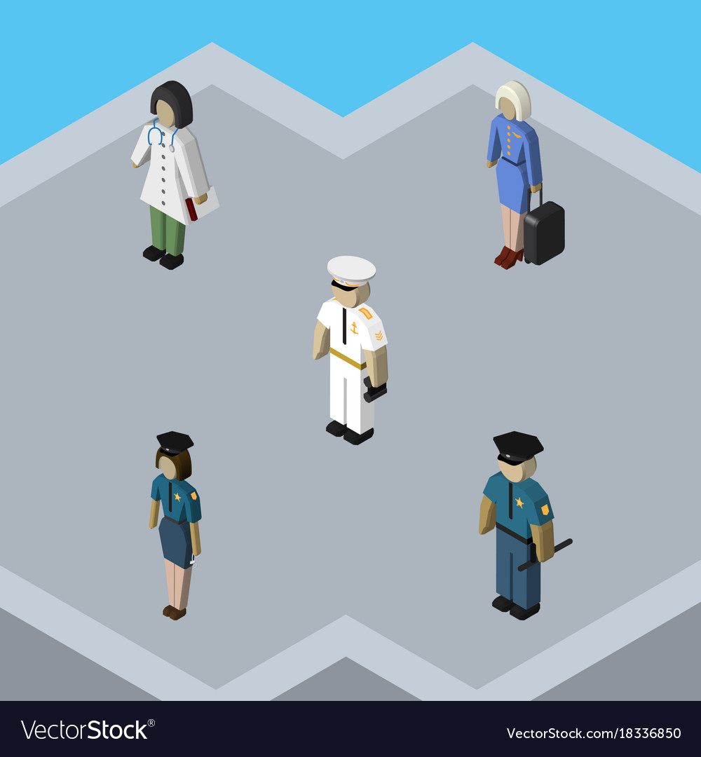 Isometric people set of hostess Officer Arzt