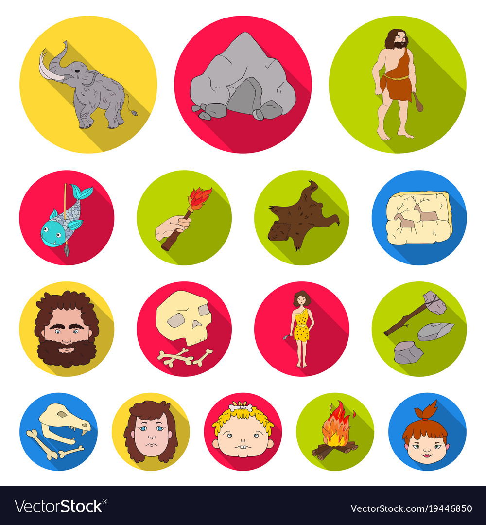 Life in the stone age flat icons set collection Vector Image