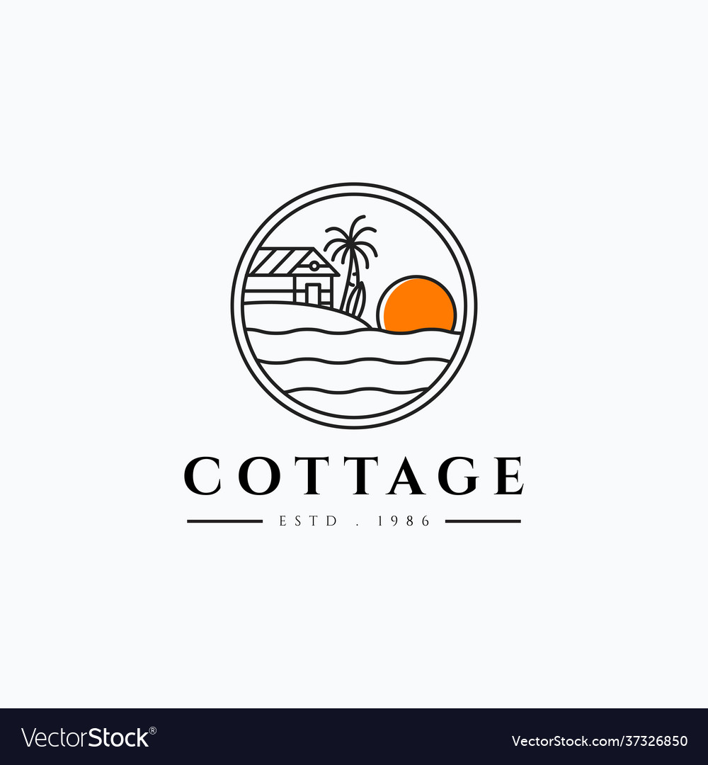 Minimalist line art beach wooden cabin with surf