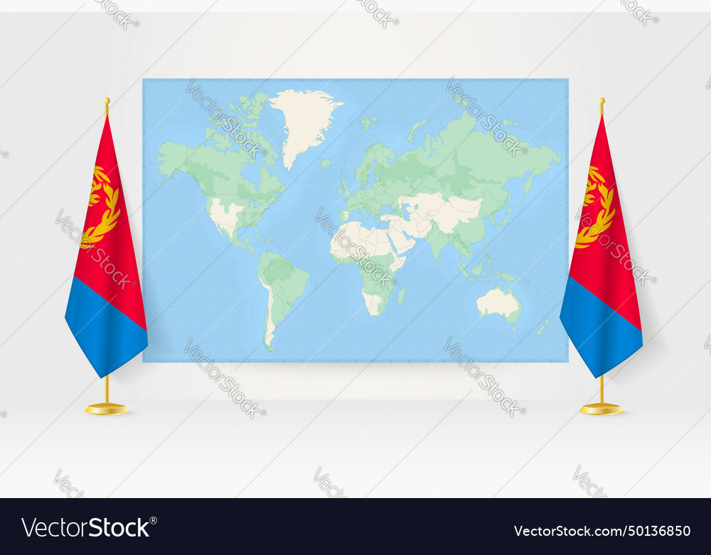 Weltkarte zwischen zwei hängenden Flaggen von eritrea vector image Weltkarte zwischen zwei hängenden Flaggen von eritrea
