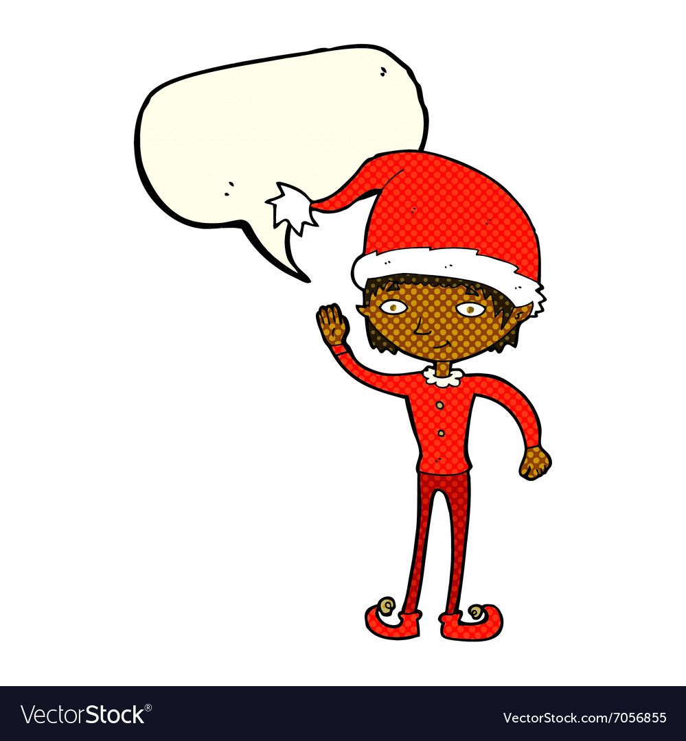 Cartoon waving christmas elf with speech bubble