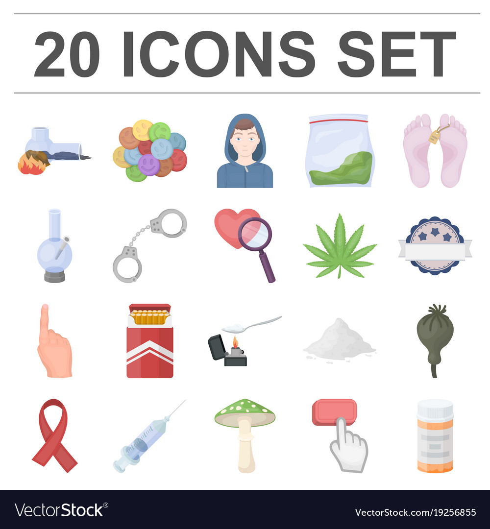 Drug addiction and attributes cartoon icons in set