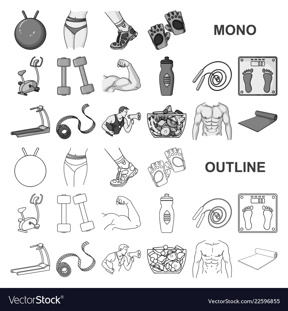 Fitness and attributes monochrom icons in set vector image Fitness and attributes monochrom icons in set