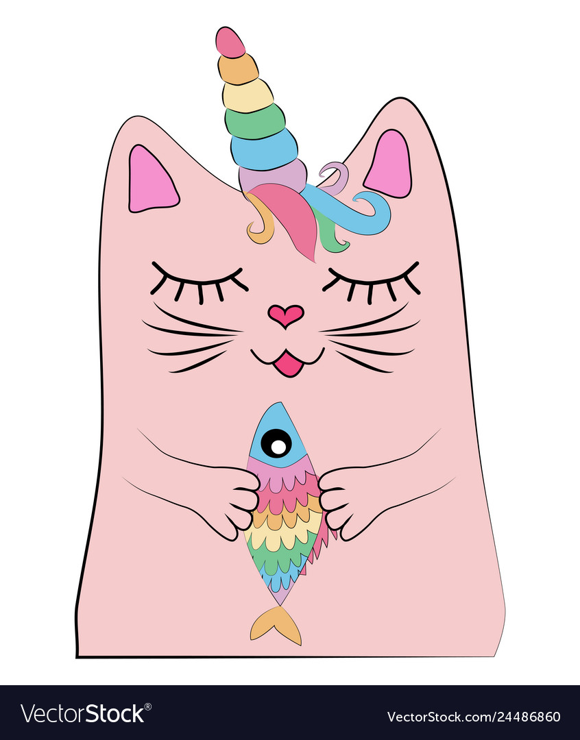 Cat unicorn with a rainbow fish in its paws print