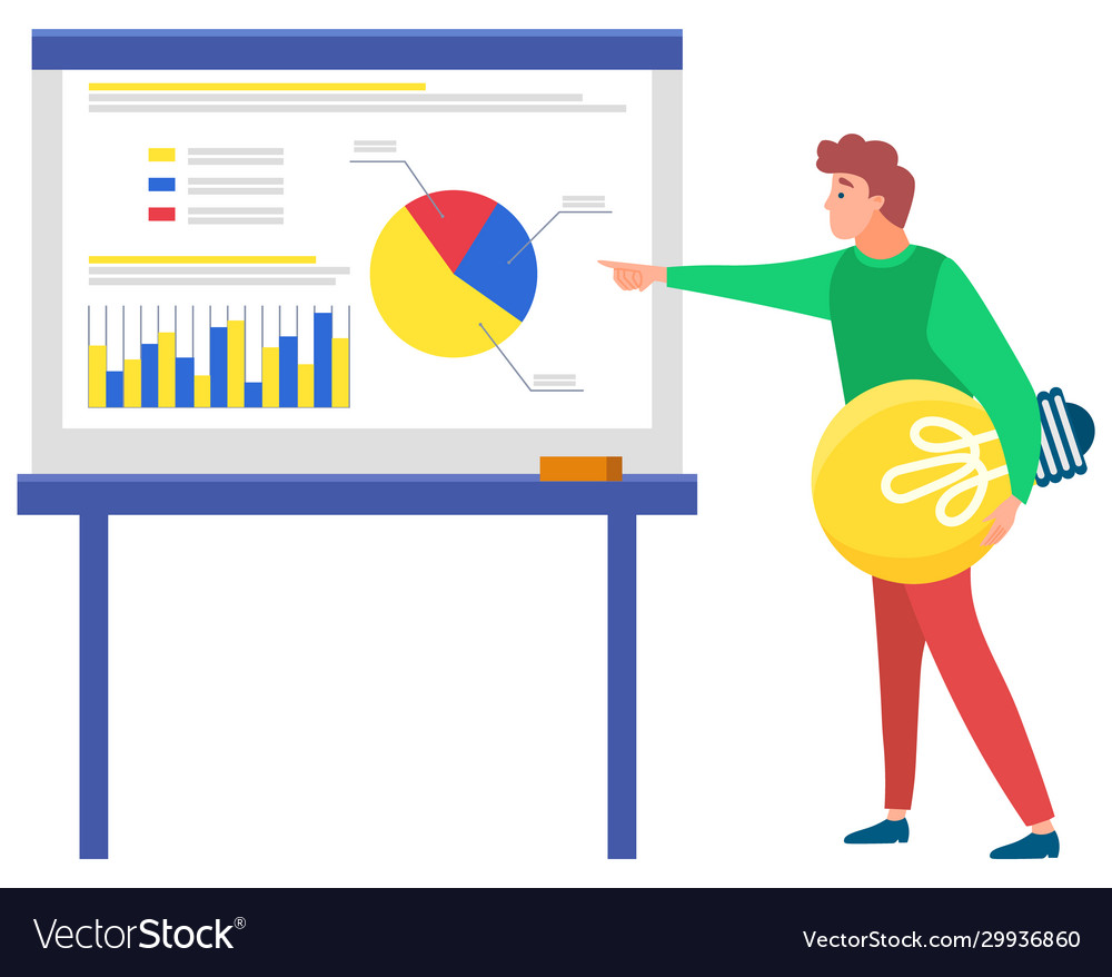 Man standing near statistics chart and looking up vector image Man standing near statistics chart and looking up
