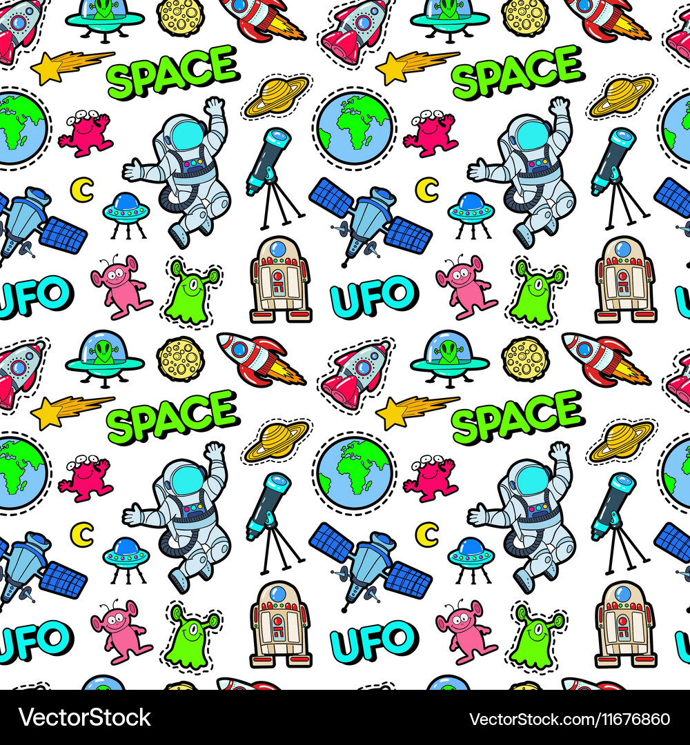 Space planets and ufo aliens seamless pattern Vector Image