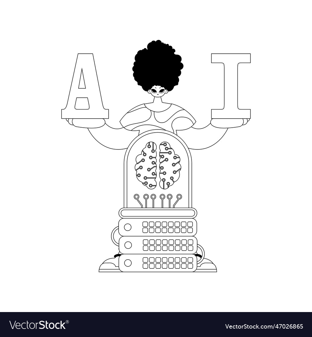 Ai man and server concept linear design vector image Ai man and server concept linear design