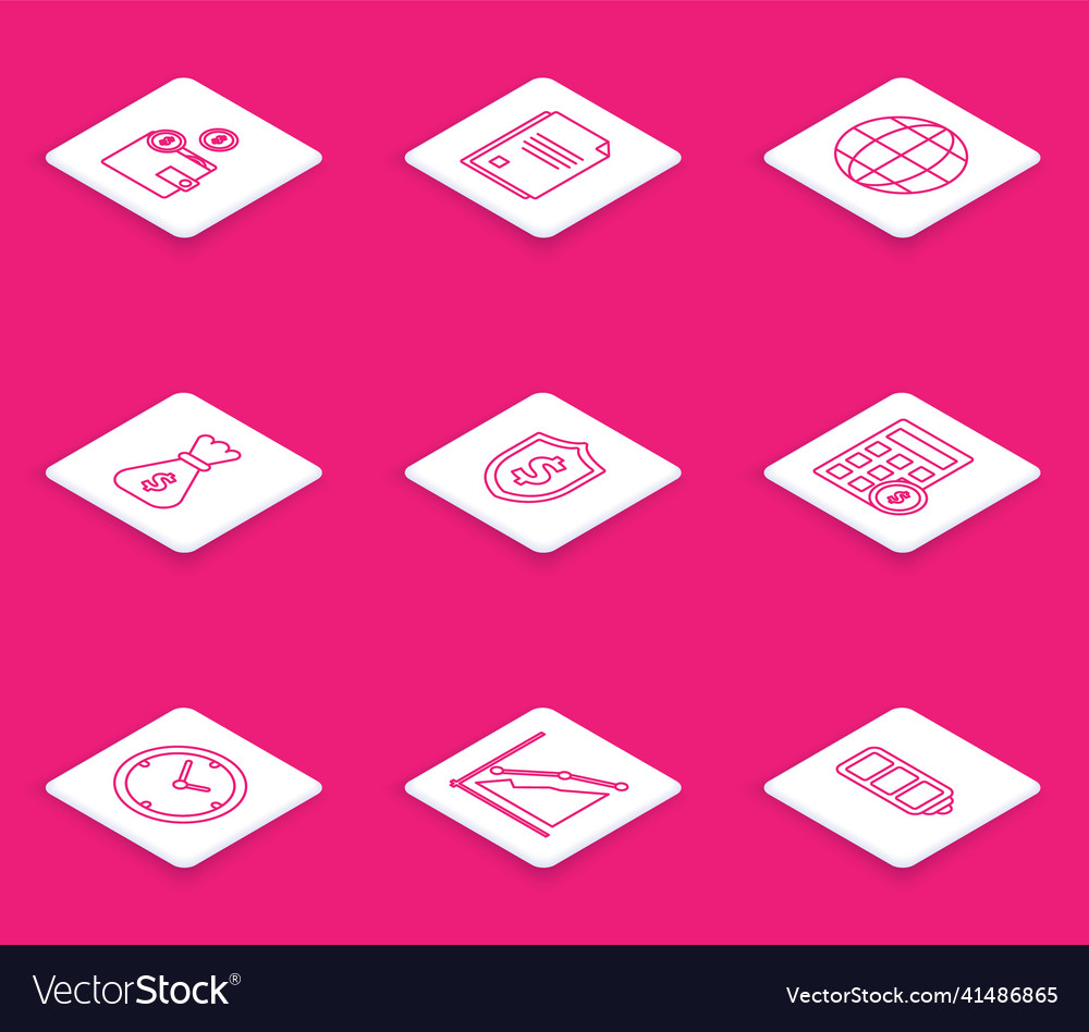 Set line wallet with coins file document earth vector image Set line wallet with coins file document earth