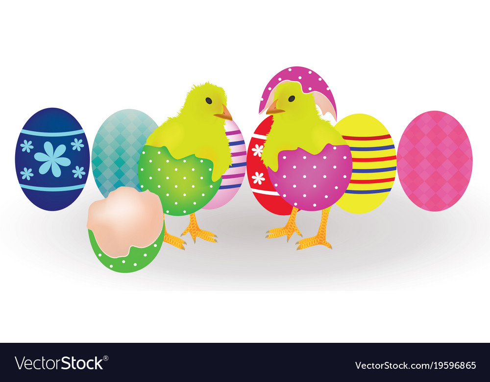 Two chickens coming from easter eggs