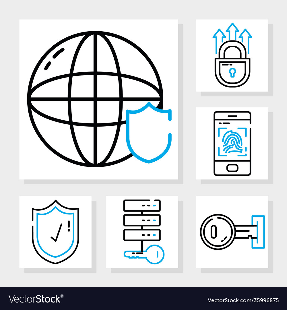 Global sphere and cyber security icon set half