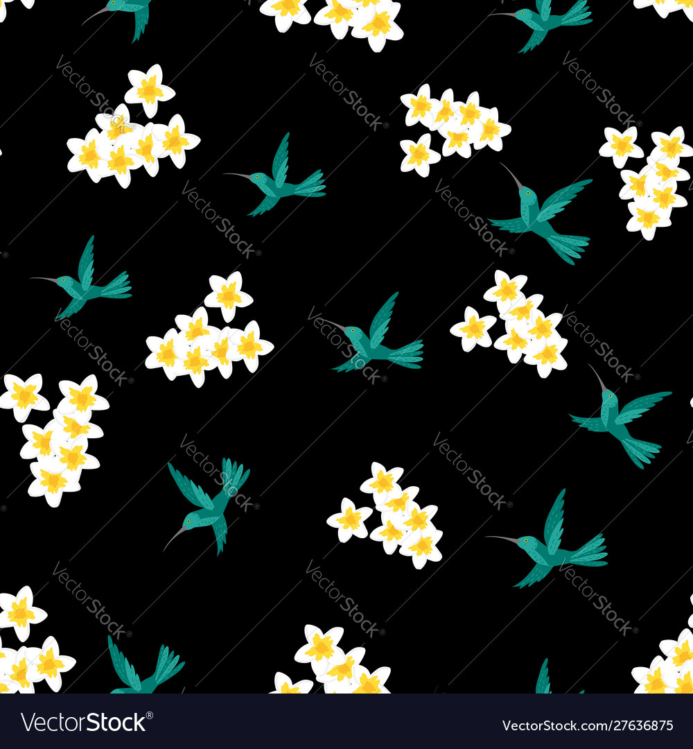 Seamless floral tropical pattern with hummingbird