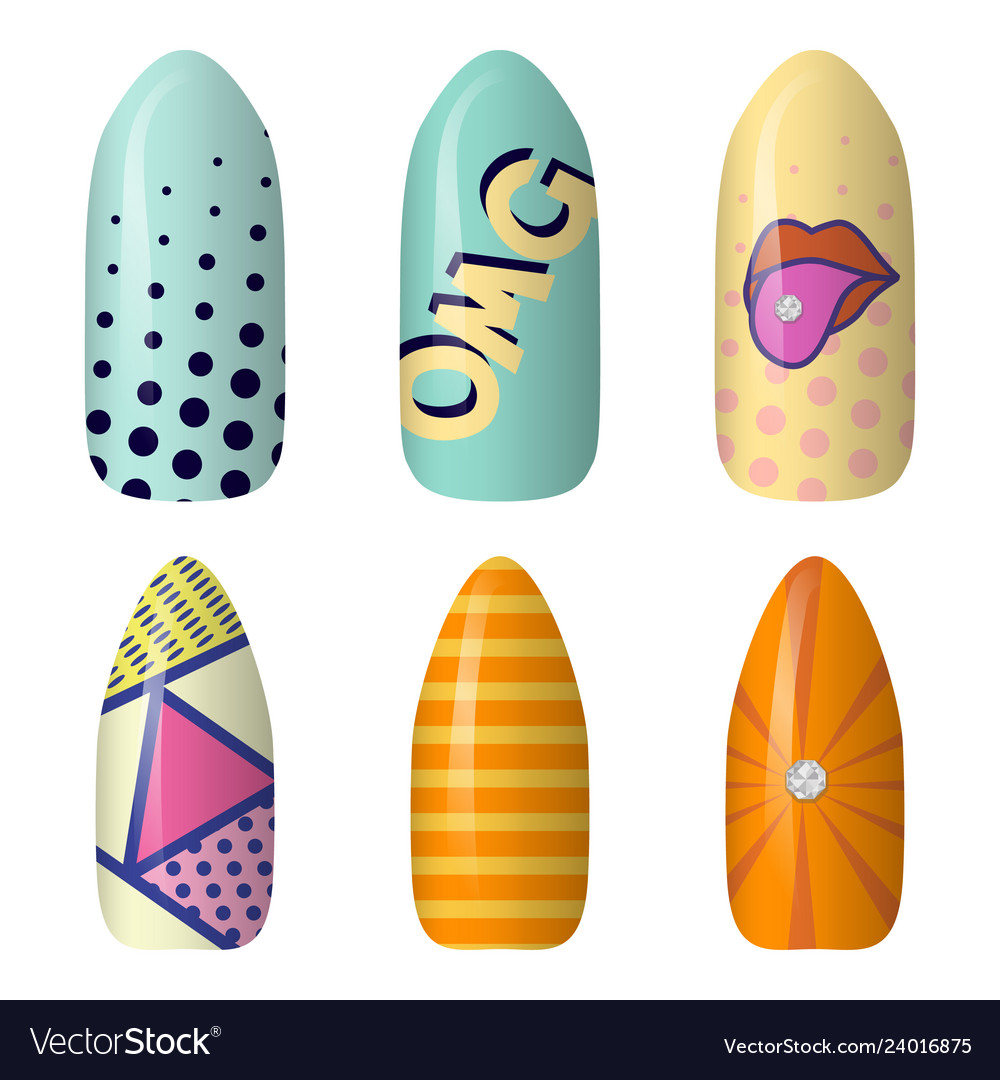 Set of colored painted pop art nail stickers neon