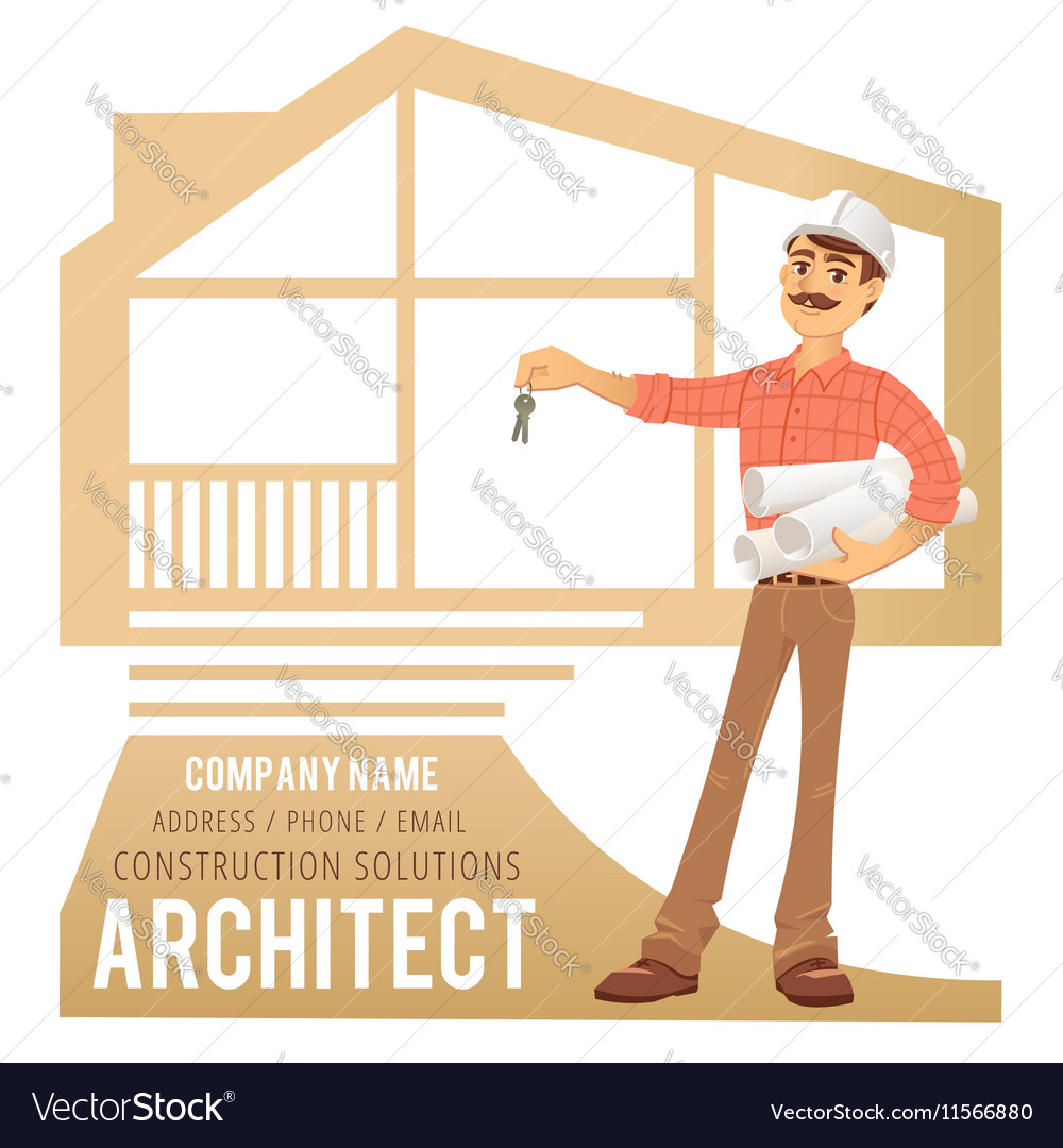 Architect in helmet with blueprints and keys