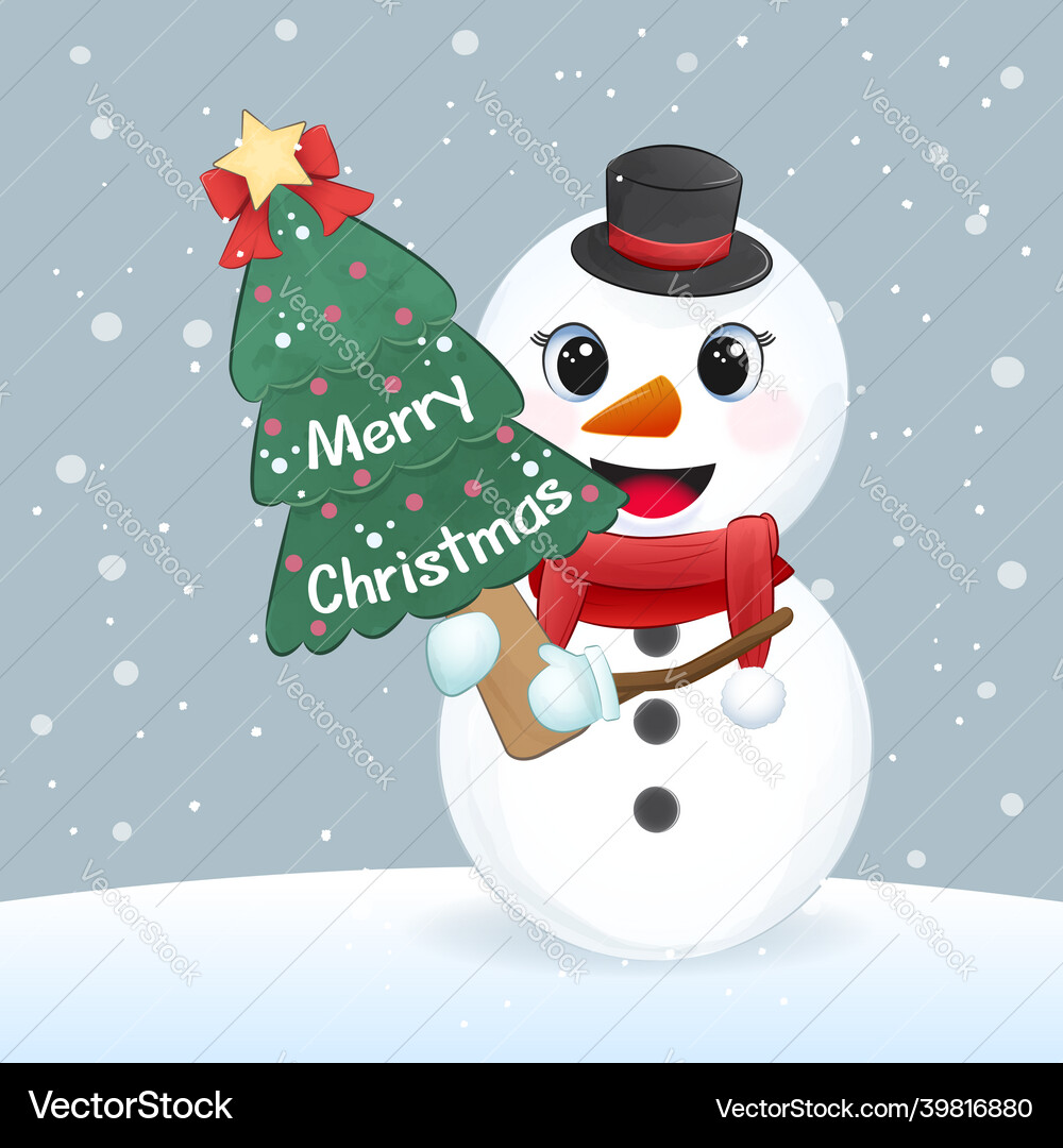 Cute snowman holding christmas tree Royalty Free Vector