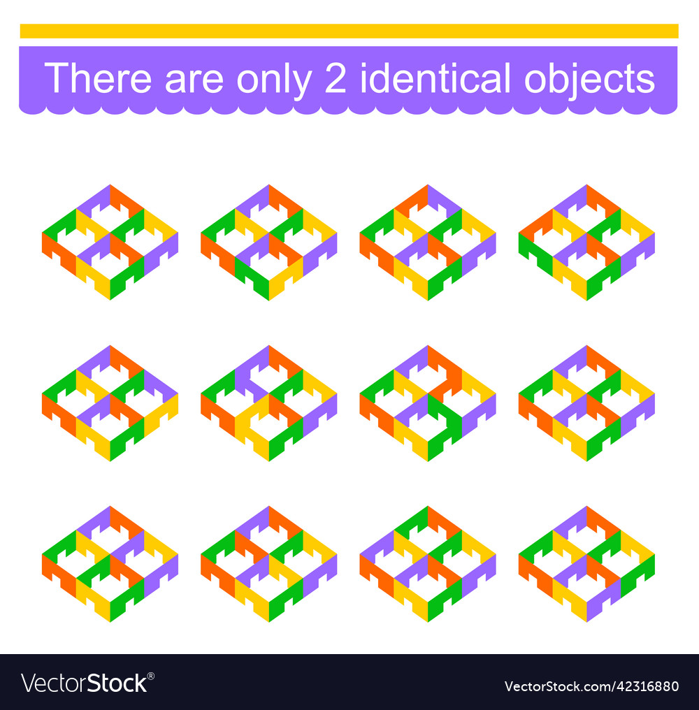 Logical game need to find two identical objects vector image Logical game need to find two identical objects