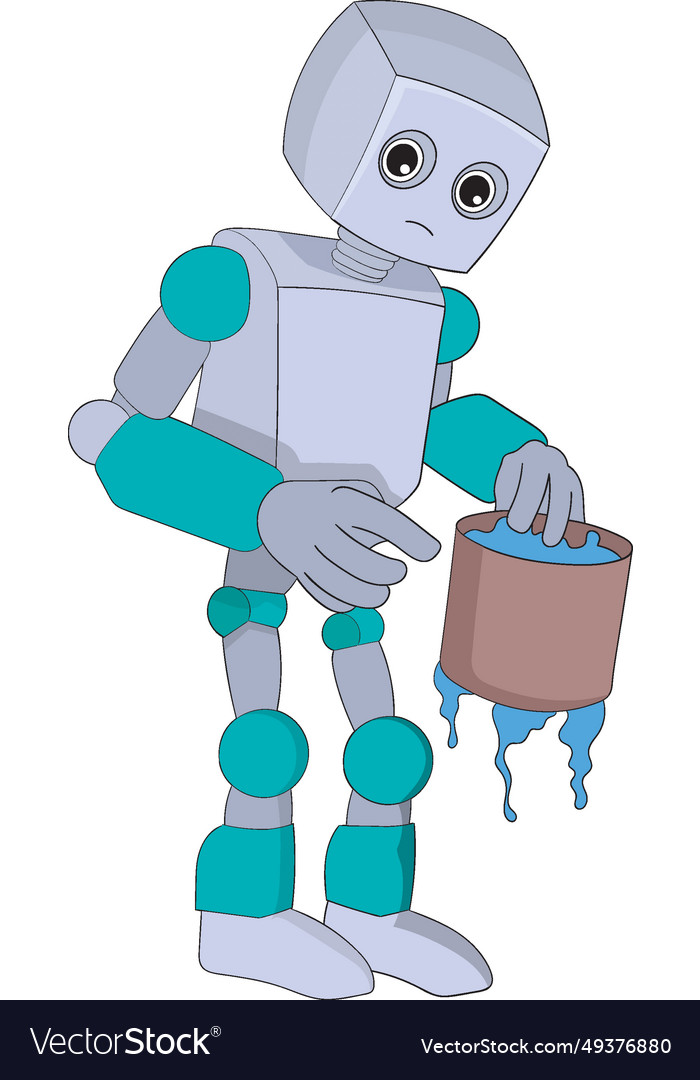 Silver cube robot carrying a leaky bucket
