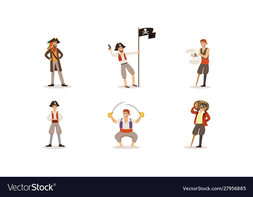 Pirate characters posing in different situations Vector Image Pirate characters posing in different situations