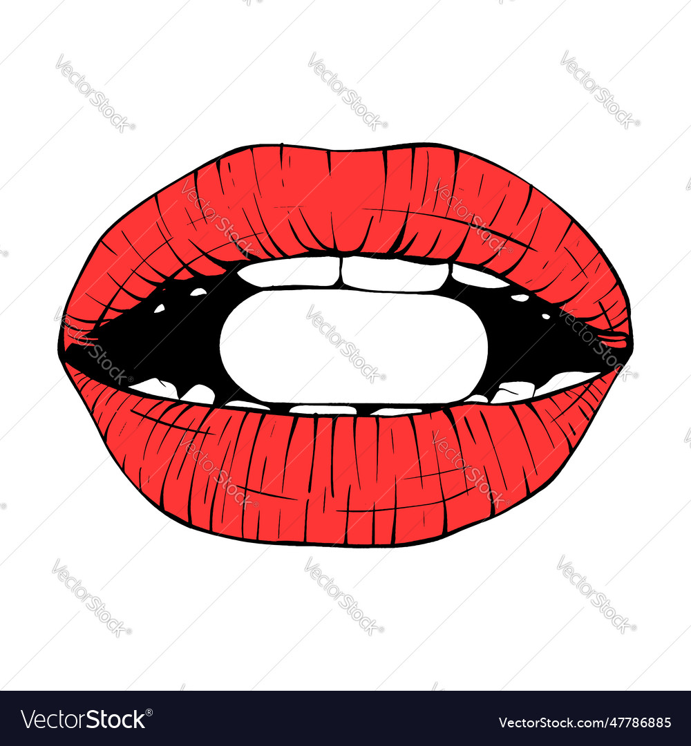 Red female lips sketch line art Royalty Free Vector Image