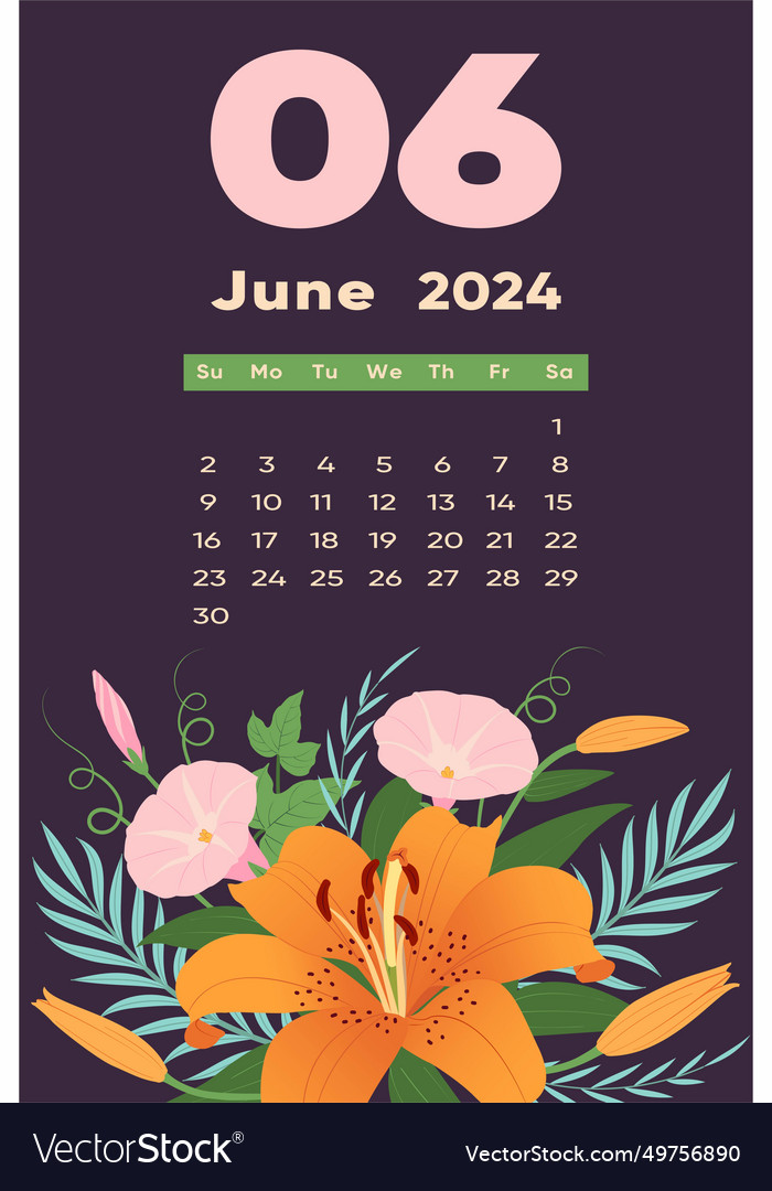 Floral june 2025 calendar template with bright Vector Image