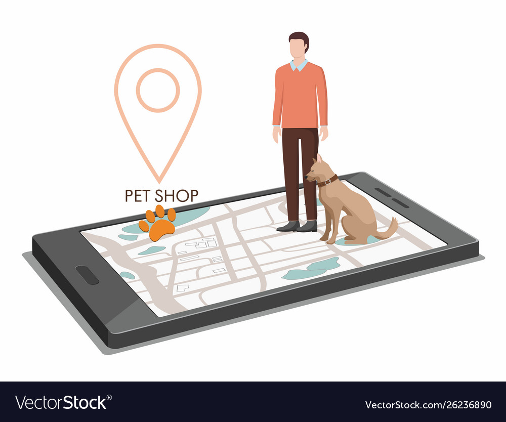 Man and dog go to pet storegps navigator on phohe