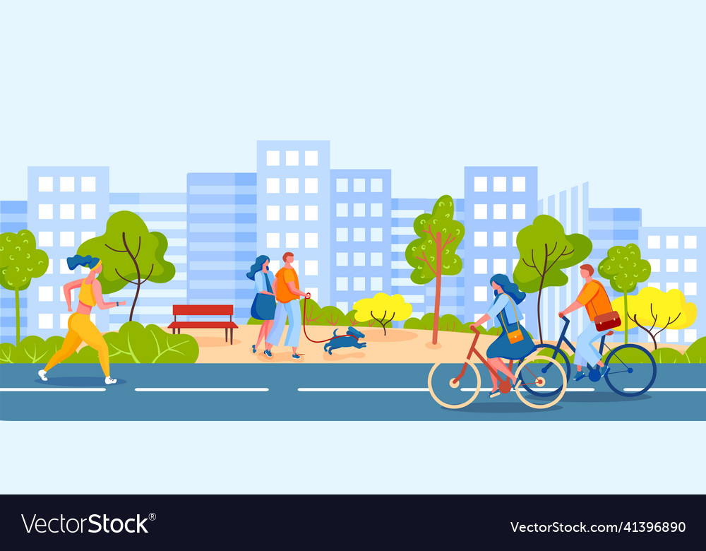 People walking in city park characters riding Vector Image