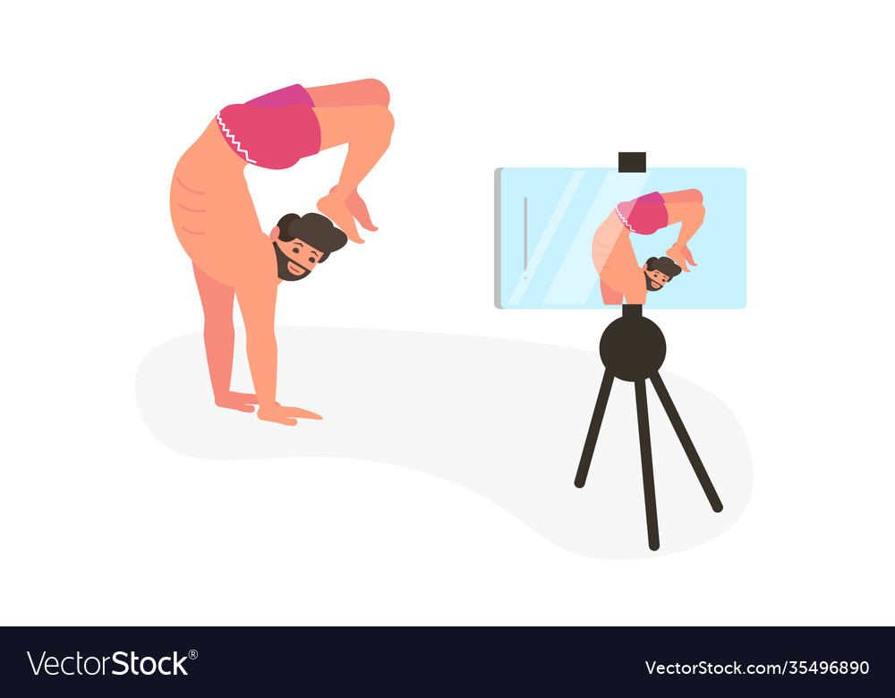 Yogalehrer vlogger macht live streaming vector image Yogalehrer vlogger macht live streaming