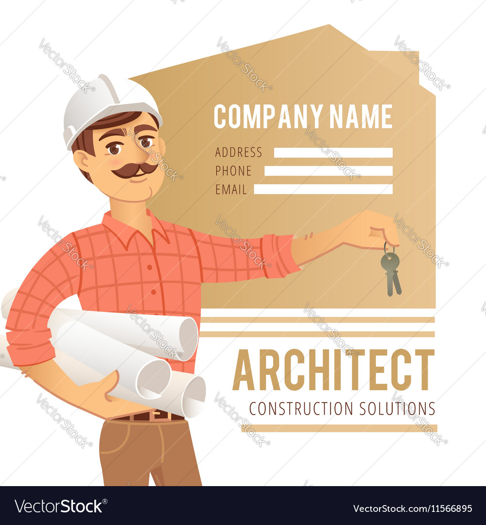 Architect in helmet with blueprints and keys
