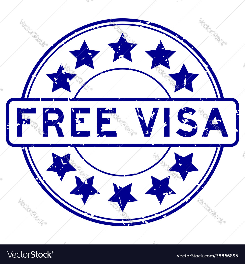 Grunge blue free visa word with star icon round