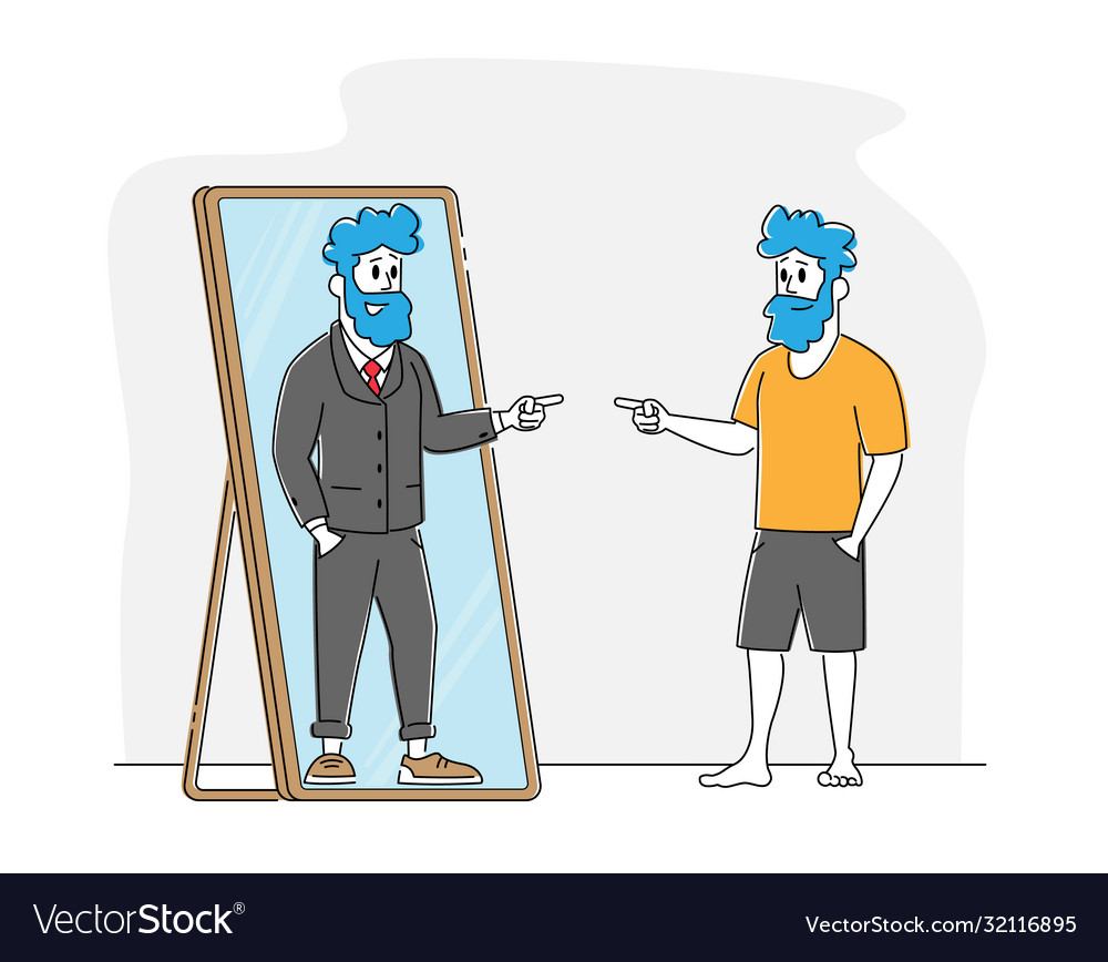 Male character looking in big mirror see himself vector image Male character looking in big mirror see himself