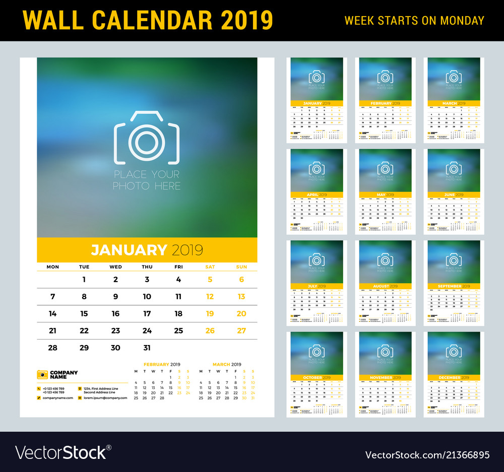 Wall calendar planner template for 2019 year set