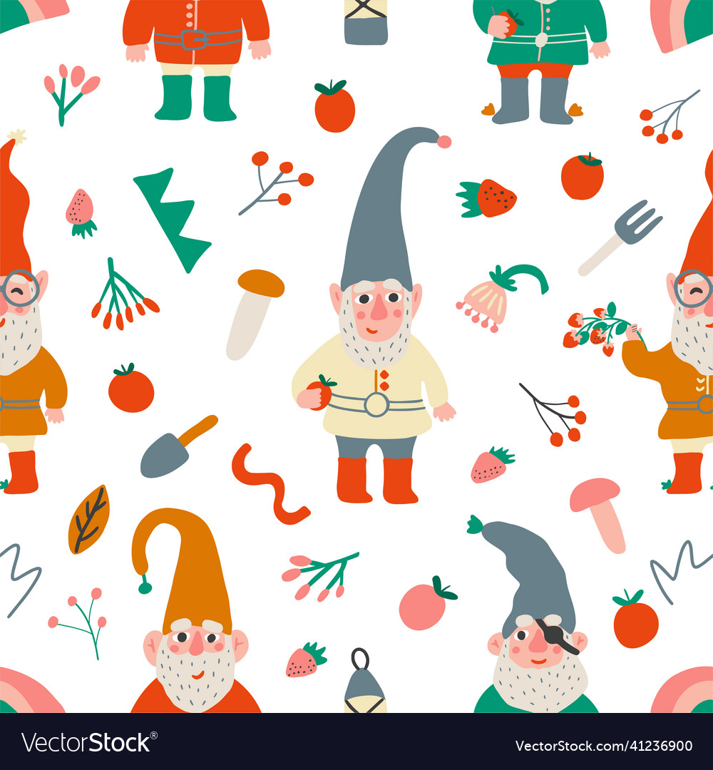 Seamless pattern with garden gnome field flower vector image Seamless pattern with garden gnome field flower