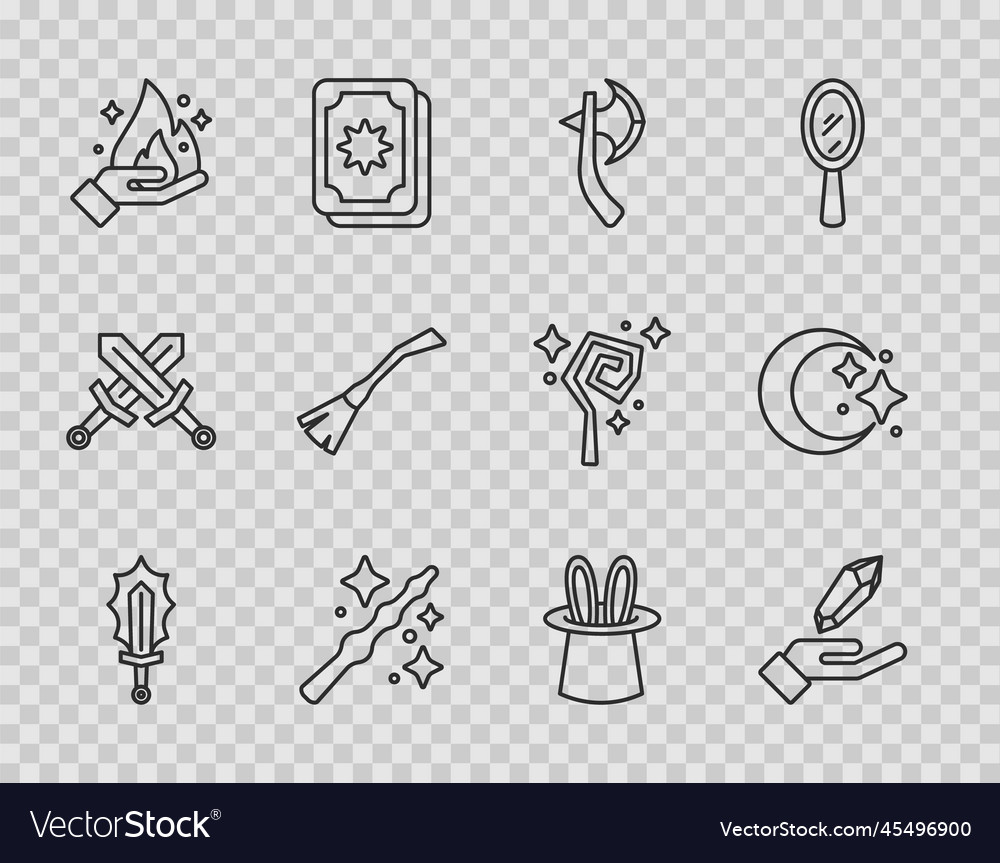 Set line magic sword in fire stone wooden axe Vector Image