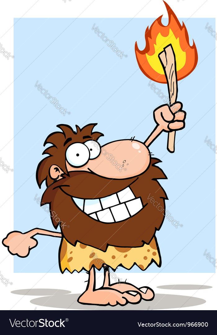 Smiling caveman holding up a torch