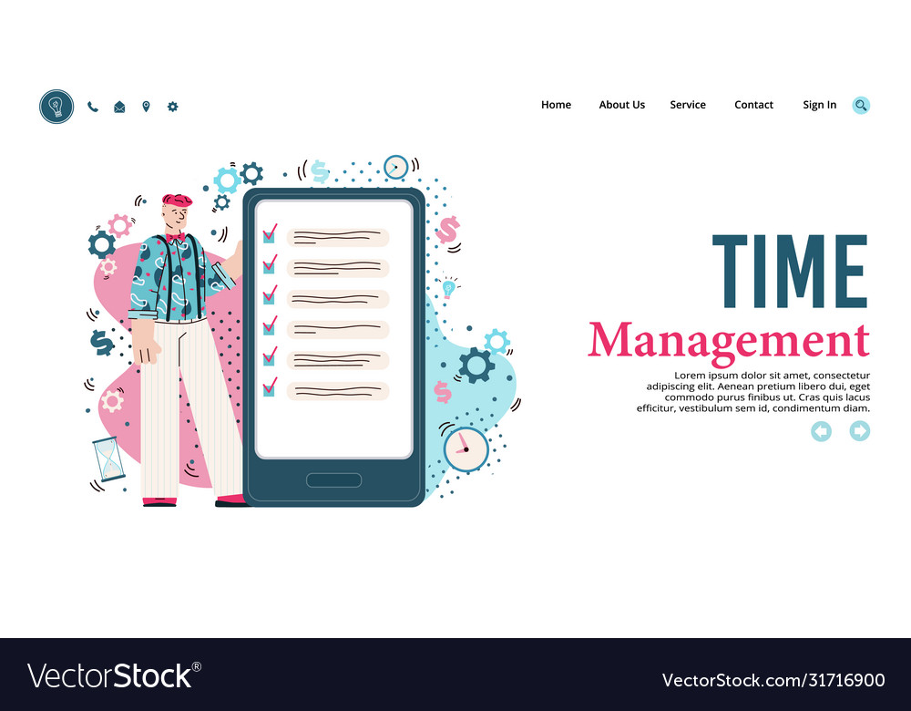 Time management website banner with man using vector image Time management website banner with man using