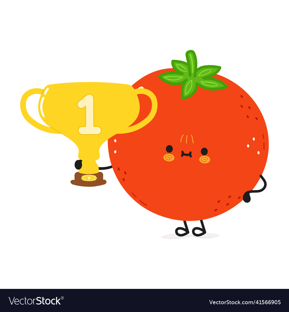 Cute funny tomato hold gold trophy cup character