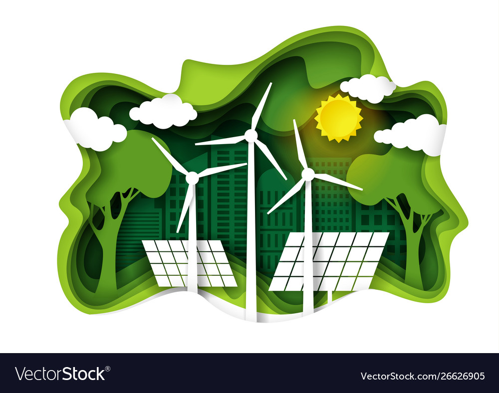 Eco city with green energy paper cut Royalty Free Vector