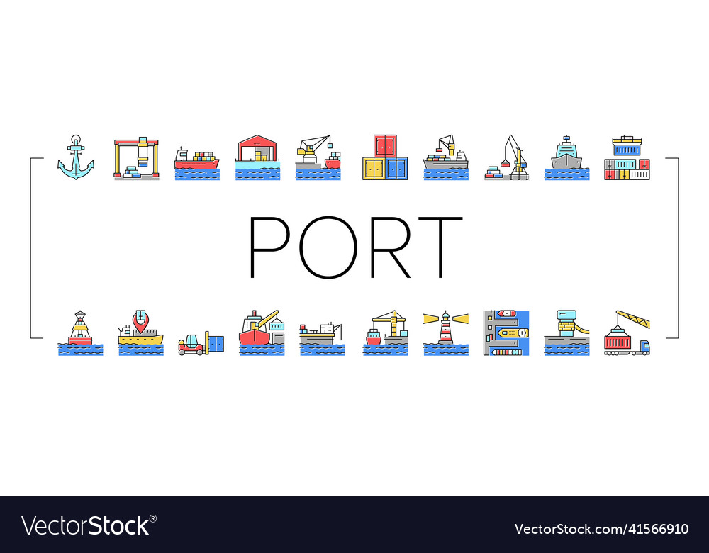Container port tool collection icons set vector image Container port tool collection icons set