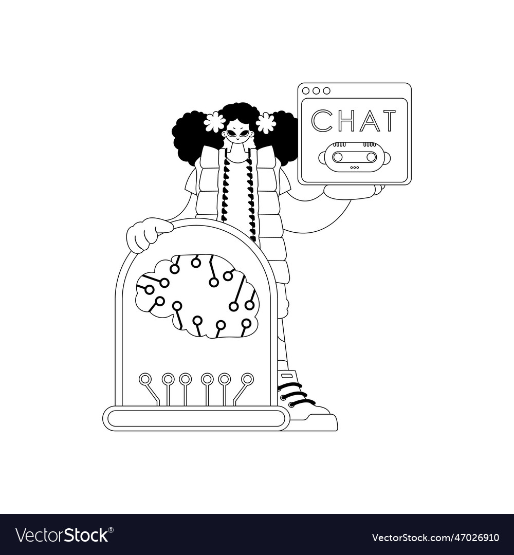 Girl grasps ai model a linear image in form vector image Girl grasps ai model a linear image in form