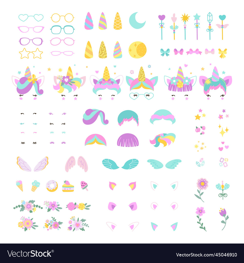 Unicorn faces elements bundle unicorns created Vector Image