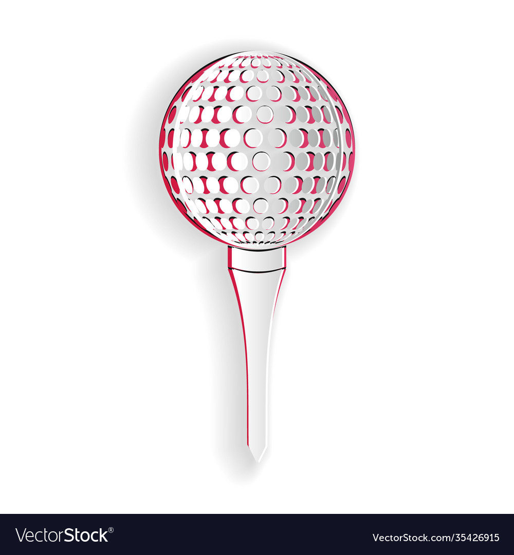 Paper cut golf ball on tee icon isolated white