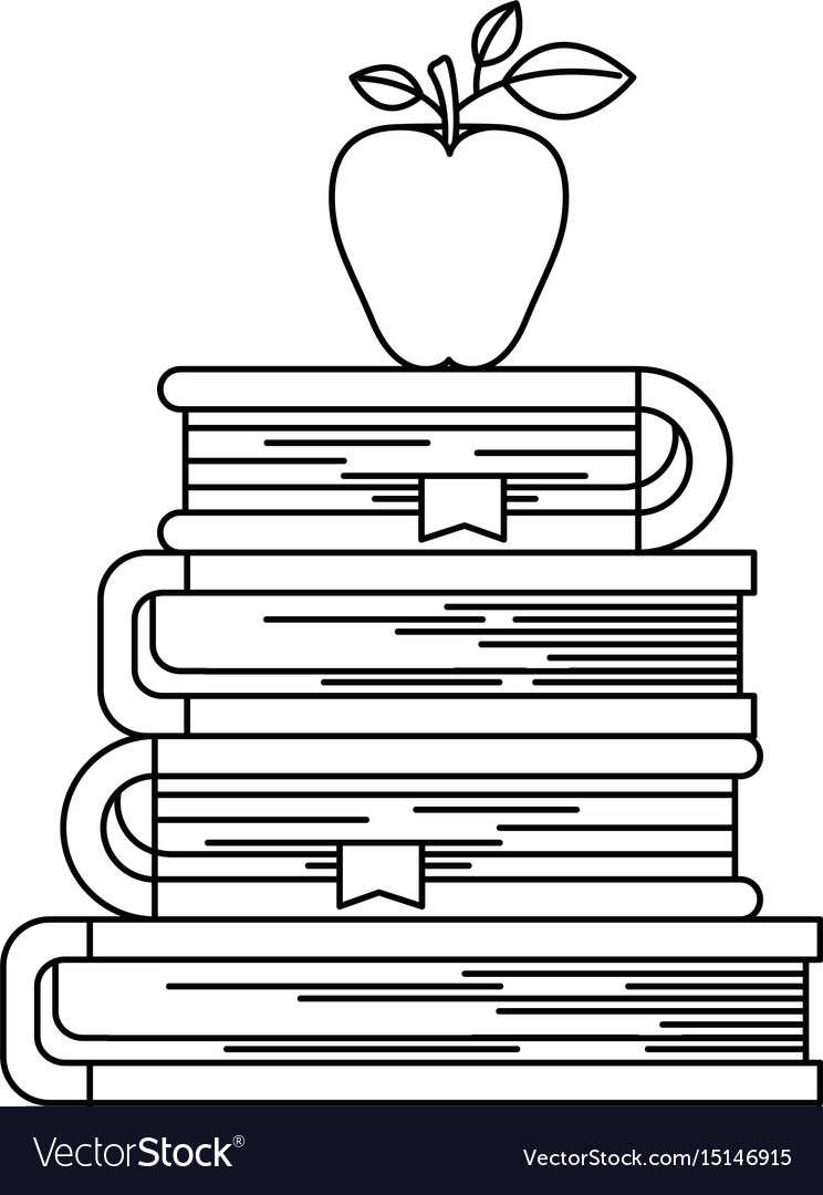 Sketch silhouette of stack books with apple